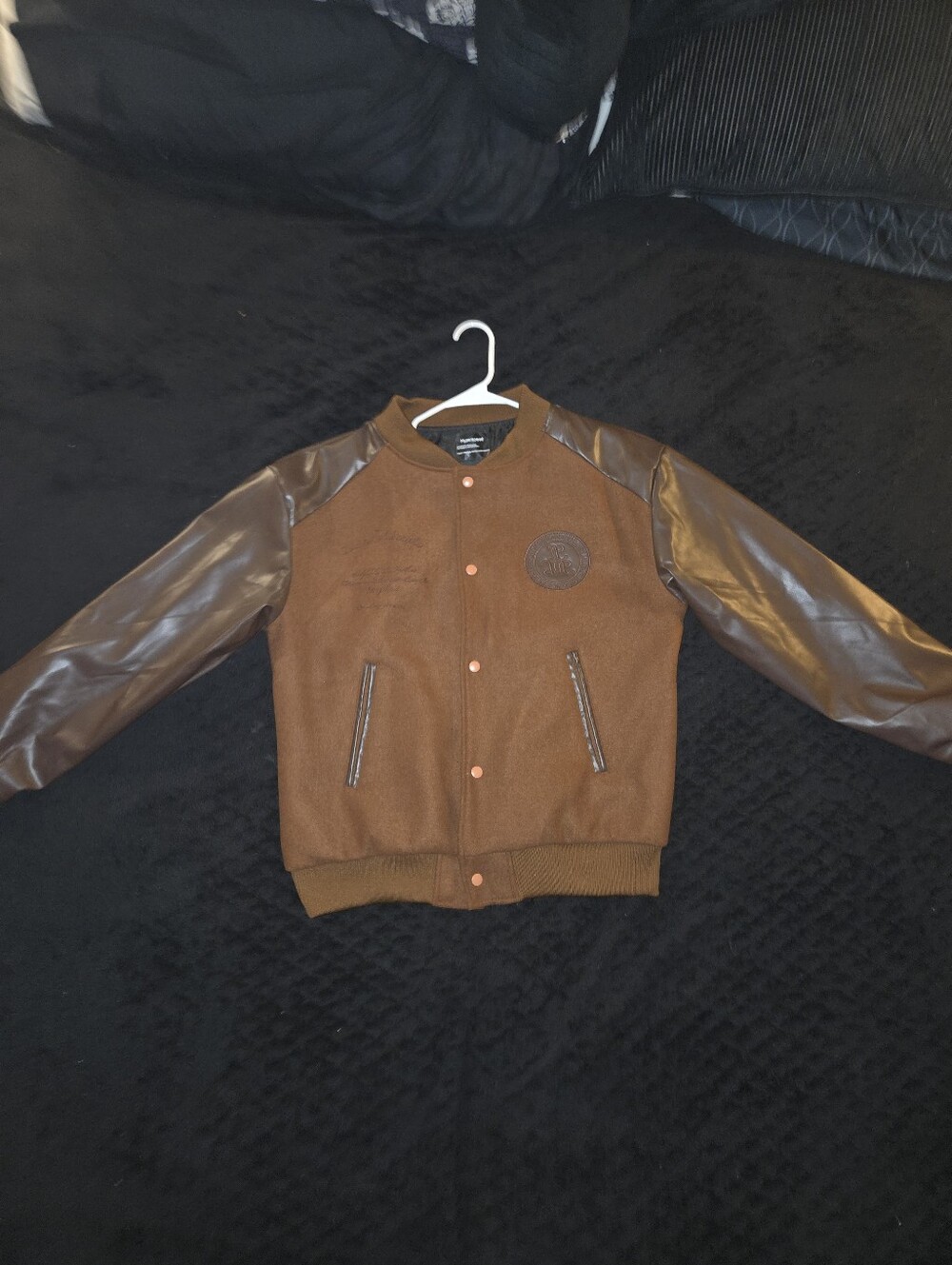 Mens Brown Varsity Jacket with Faux Leather Sleeves